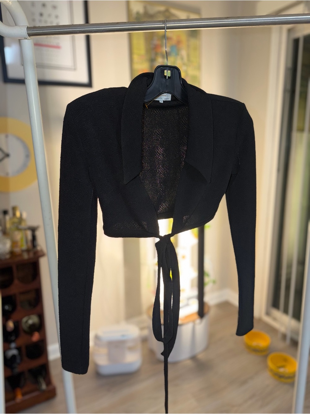 Black Cropped Padded Tie-Front Top